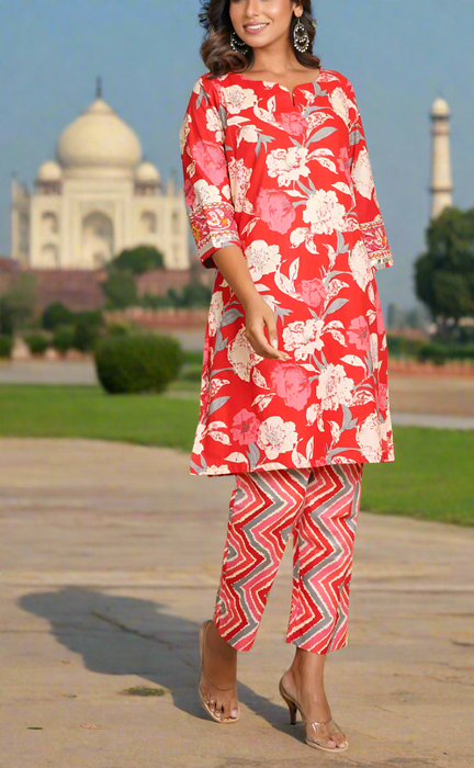 Red Floral Jaipur Cotton Co-ord Set.Pure Versatile Cotton. | Laces and Frills