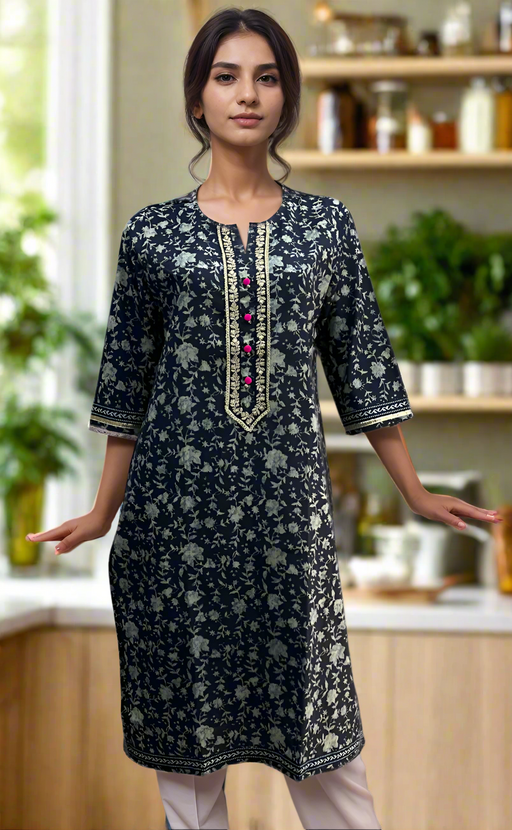 Navy Blue Garden Jaipuri Cotton Kurti. Pure Versatile Cotton. | Laces and Frills