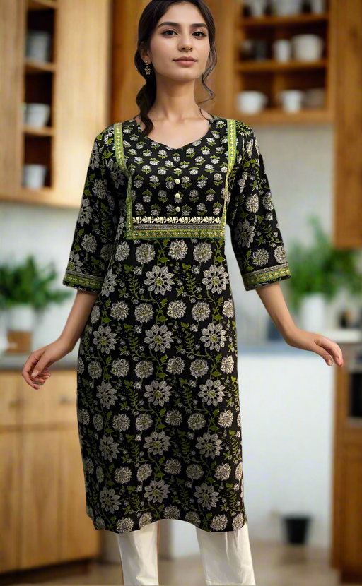 Black/Green Floral Jaipuri Cotton Kurti. Pure Versatile Cotton. | Laces and Frills