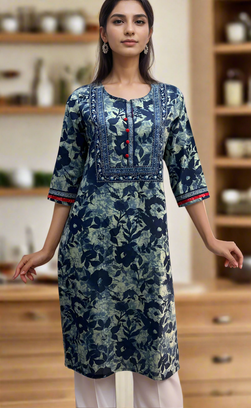 Navy Blue Flora Jaipuri Cotton Kurti. Pure Versatile Cotton. | Laces and Frills