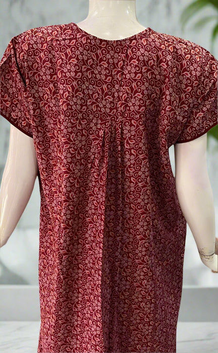 Maroon Leafy Soft Cotton Nighty. Soft Breathable Fabric | Laces and Frills