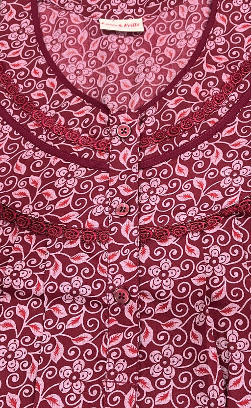 Maroon Leafy Soft Cotton Nighty. Soft Breathable Fabric | Laces and Frills