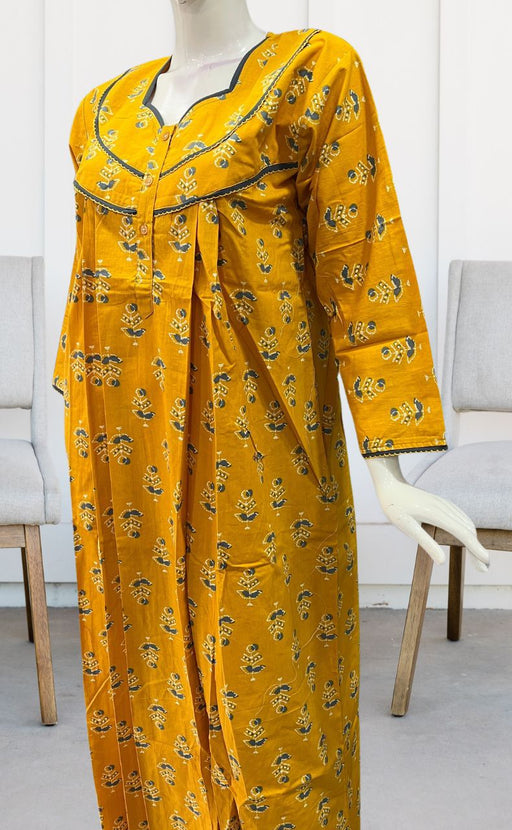 Yellow Floral Pure Cotton Free Size Full Sleeves Large Nighty . Pure  Durable Cotton, Laces and Frills