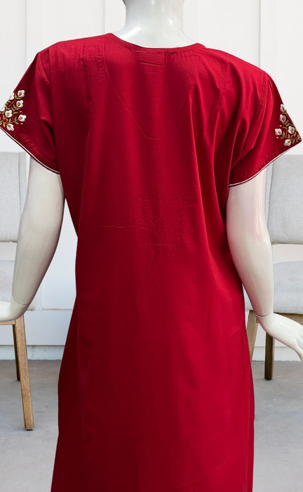 Red Embroidery Soft Cotton Nighty.Soft Breathable Fabric | Laces and Frills - Laces and Frills