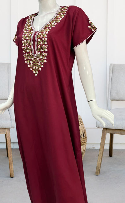 Dark Maroon Embroidery Soft Cotton Nighty.Soft Breathable Fabric | Laces and Frills - Laces and Frills