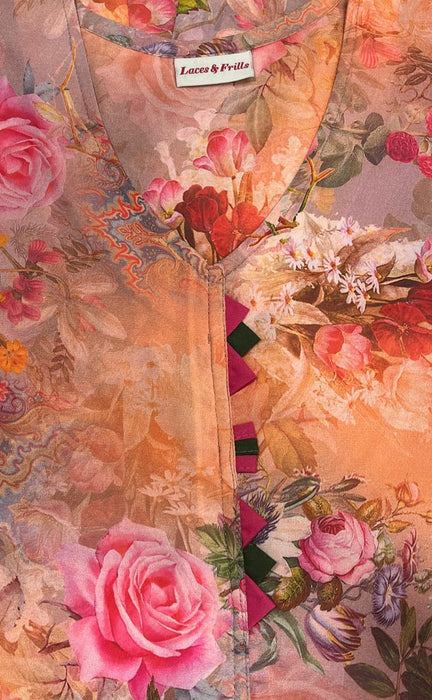 Orange/Pink Floral Garden Chiffon Nighty. Delicate Chiffon | Laces and Frills - Laces and Frills