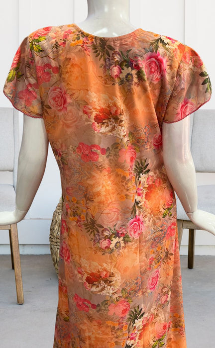 Orange/Pink Floral Garden Chiffon Nighty. Delicate Chiffon | Laces and Frills - Laces and Frills