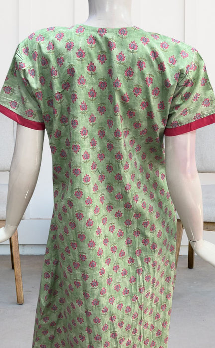 Pista Green/Pink Floral Pure Cotton Nighty. Pure Durable Cotton | Laces and Frills - Laces and Frills