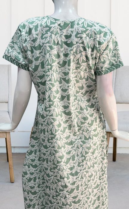 Pista Green Floral Pure Cotton Nighty. Pure Durable Cotton | Laces and Frills - Laces and Frills