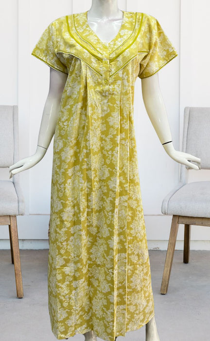 Yellow Floral Pure Cotton Nighty. Pure Durable Cotton | Laces and Frills - Laces and Frills