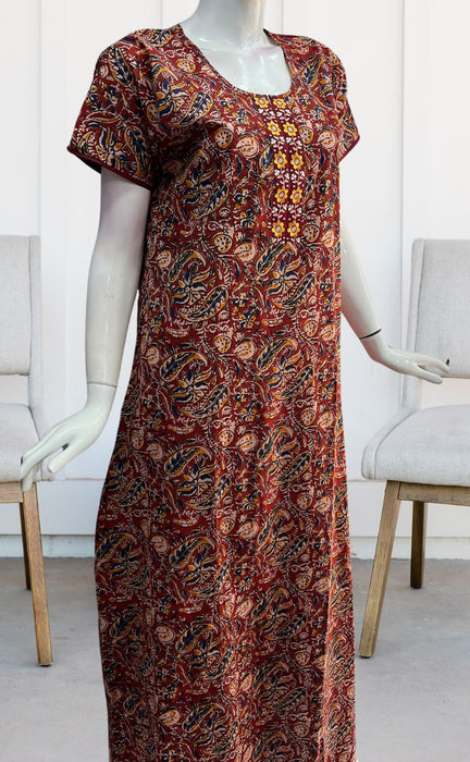 Maroon KalamKari Pure Cotton Nighty. Pure Durable Cotton | Laces and Frills - Laces and Frills