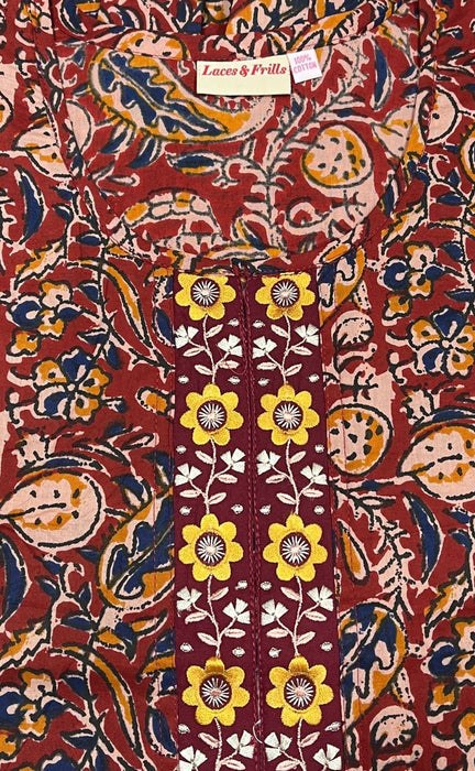 Maroon KalamKari Pure Cotton Nighty. Pure Durable Cotton | Laces and Frills - Laces and Frills