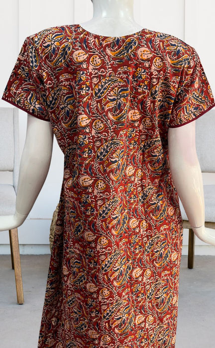 Maroon KalamKari Pure Cotton Nighty. Pure Durable Cotton | Laces and Frills - Laces and Frills