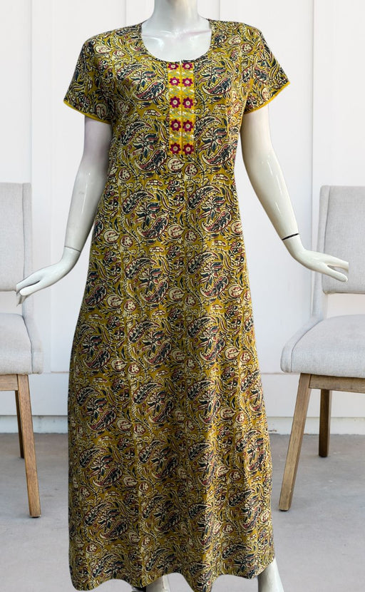 Yellow KalamKari Pure Cotton Nighty. Pure Durable Cotton | Laces and Frills - Laces and Frills