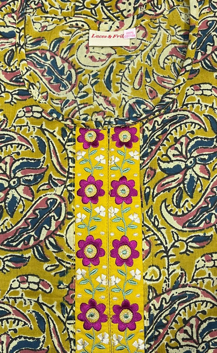 Yellow KalamKari Pure Cotton Nighty. Pure Durable Cotton | Laces and Frills - Laces and Frills