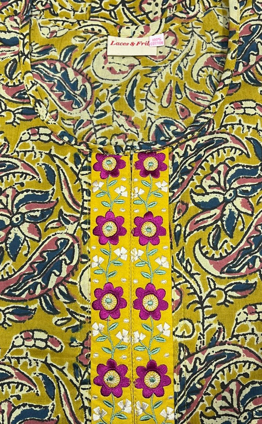 Yellow KalamKari Pure Cotton Nighty. Pure Durable Cotton | Laces and Frills - Laces and Frills