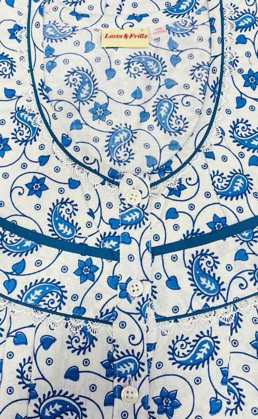 White/Blue Manga Motifs Pure Cotton Nighty. Pure Durable Cotton | Laces and Frills - Laces and Frills