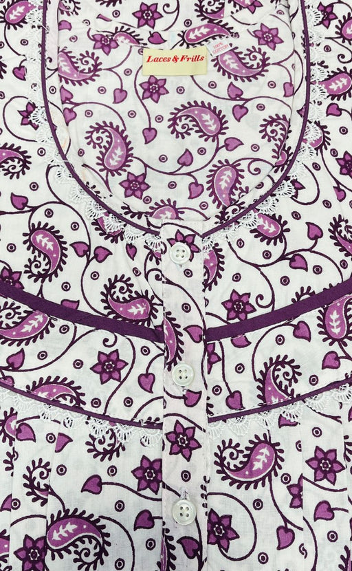 White/Purple Manga Motifs Pure Cotton Nighty. Pure Durable Cotton | Laces and Frills - Laces and Frills