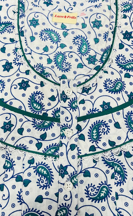 White/Green Blue Manga Motifs Pure Cotton Nighty. Pure Durable Cotton | Laces and Frills - Laces and Frills