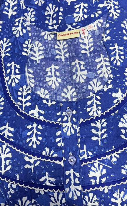 Blue Tiny Floral Pure Cotton Long Sleeves Nighty.Soft Breathable Fabric | Laces and Frills