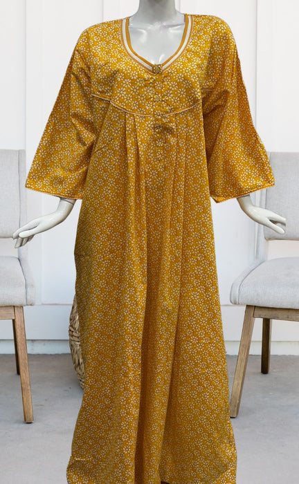 Yellow Flora Pure Cotton Long Sleeves Nighty.Soft Breathable Fabric | Laces and Frills