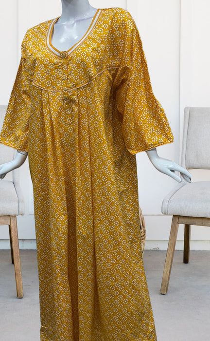 Yellow Flora Pure Cotton Long Sleeves Nighty.Soft Breathable Fabric | Laces and Frills