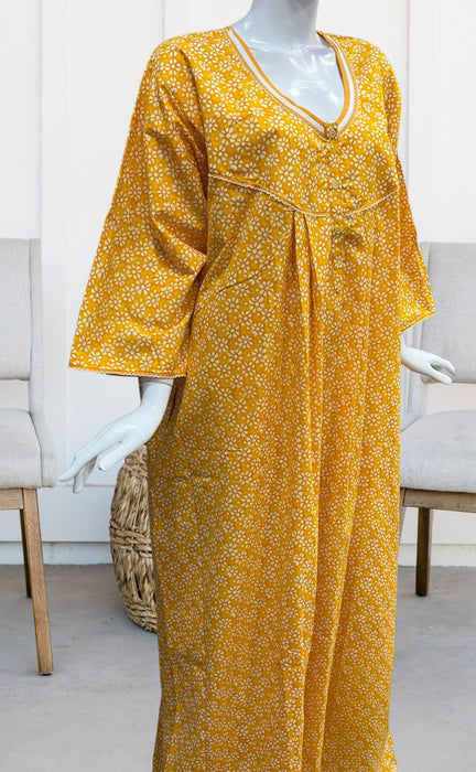 Yellow Flora Pure Cotton Long Sleeves Nighty.Soft Breathable Fabric | Laces and Frills