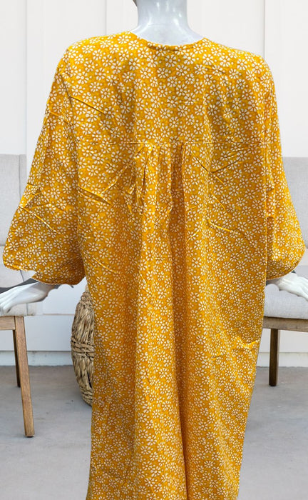 Yellow Flora Pure Cotton Long Sleeves Nighty.Soft Breathable Fabric | Laces and Frills