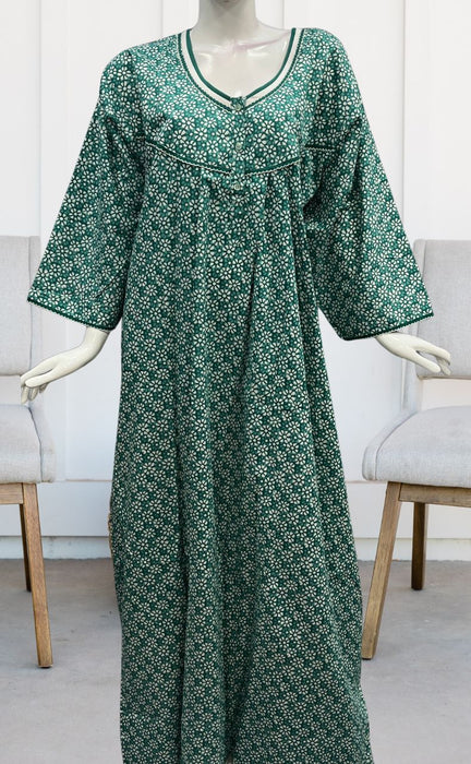 Sea Green Flora Pure Cotton Long Sleeves Nighty.Soft Breathable Fabric | Laces and Frills