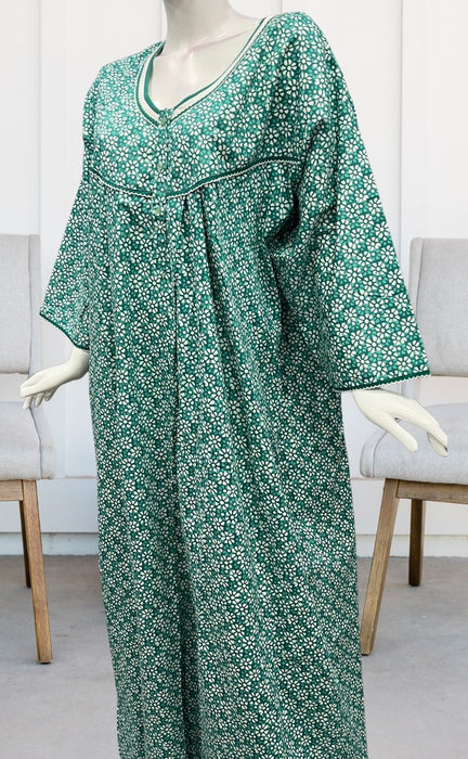 Sea Green Flora Pure Cotton Long Sleeves Nighty.Soft Breathable Fabric | Laces and Frills