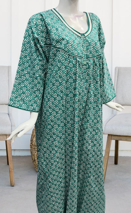 Sea Green Flora Pure Cotton Long Sleeves Nighty.Soft Breathable Fabric | Laces and Frills