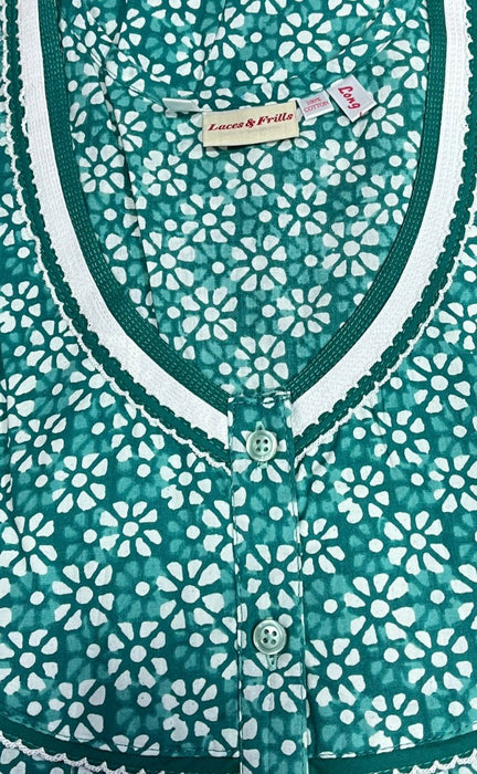 Sea Green Flora Pure Cotton Long Sleeves Nighty.Soft Breathable Fabric | Laces and Frills