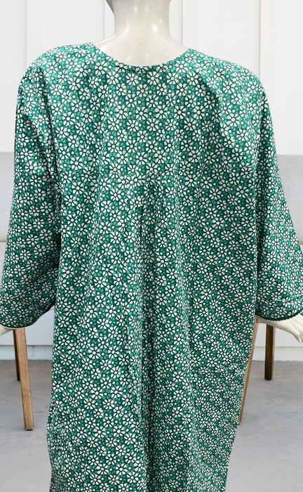 Sea Green Flora Pure Cotton Long Sleeves Nighty.Soft Breathable Fabric | Laces and Frills