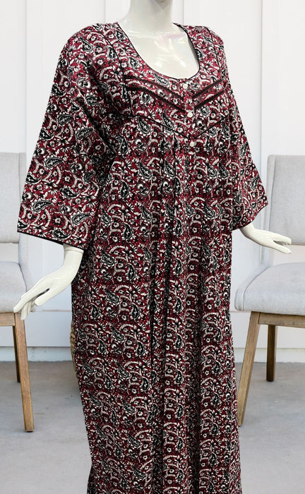 Maroon/Black Manga Motifs Pure Cotton Long Sleeves Nighty.Soft Breathable Fabric | Laces and Frills