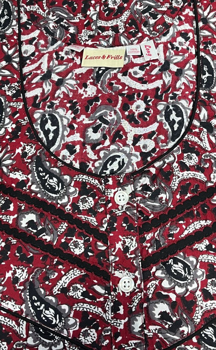 Maroon/Black Manga Motifs Pure Cotton Long Sleeves Nighty.Soft Breathable Fabric | Laces and Frills