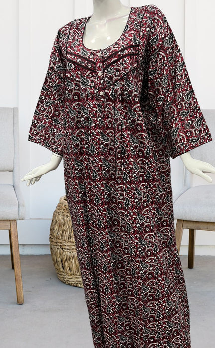 Maroon/Black Manga Motifs Pure Cotton Long Sleeves Nighty.Soft Breathable Fabric | Laces and Frills