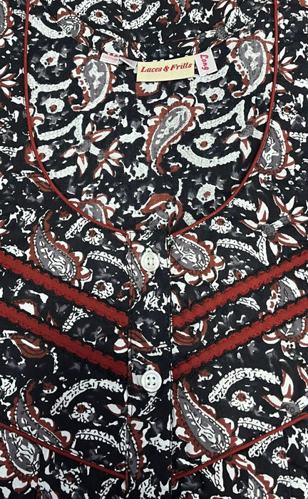 Black/Maroon Manga Motifs Pure Cotton Long Sleeves Nighty.Soft Breathable Fabric | Laces and Frills