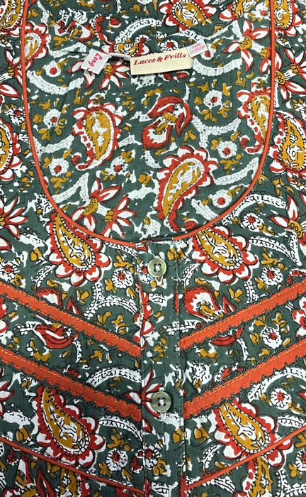 Green/Orange Manga Motifs Pure Cotton Long Sleeves Nighty.Soft Breathable Fabric | Laces and Frills