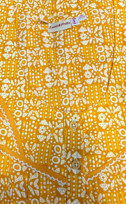 Yellow Dots Pure Cotton Long Sleeves Nighty.Soft Breathable Fabric | Laces and Frills