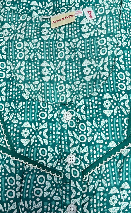 Sea Green Dots Pure Cotton Long Sleeves Nighty.Soft Breathable Fabric | Laces and Frills