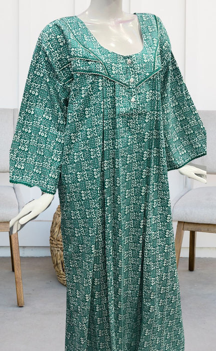 Sea Green Dots Pure Cotton Long Sleeves Nighty.Soft Breathable Fabric | Laces and Frills