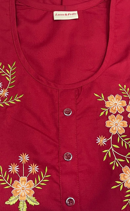 Red Floral Embroidery Soft Cotton Nighty.Soft Breathable Fabric | Laces and Frills