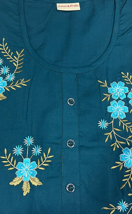 Blue Floral Embroidery Soft Cotton Nighty.Soft Breathable Fabric | Laces and Frills