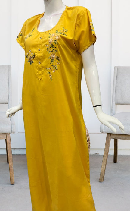 Yellow Floral Embroidery Soft Cotton Nighty.Soft Breathable Fabric | Laces and Frills