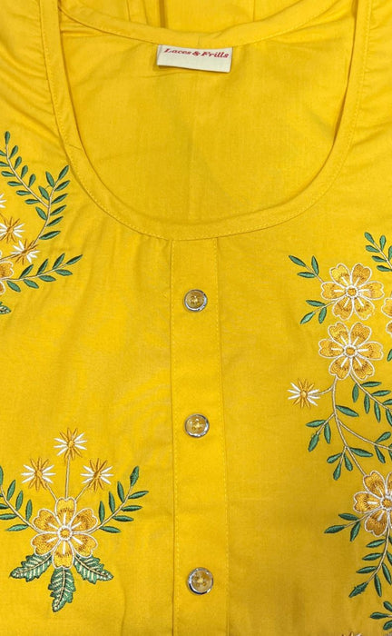 Yellow Floral Embroidery Soft Cotton Nighty.Soft Breathable Fabric | Laces and Frills