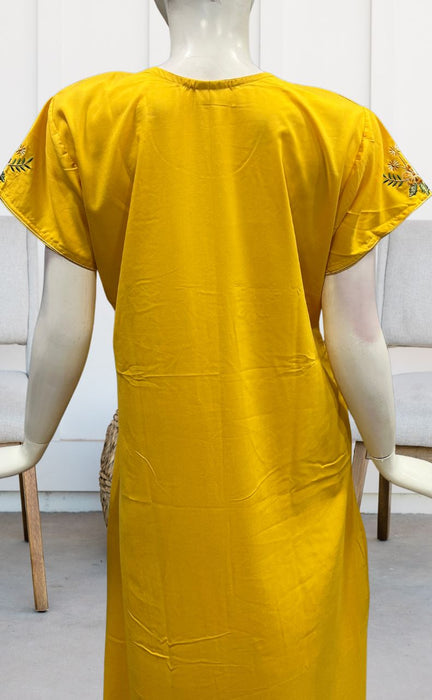 Yellow Floral Embroidery Soft Cotton Nighty.Soft Breathable Fabric | Laces and Frills