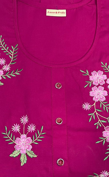 Rani Pink Floral Embroidery Soft Cotton Nighty.Soft Breathable Fabric | Laces and Frills