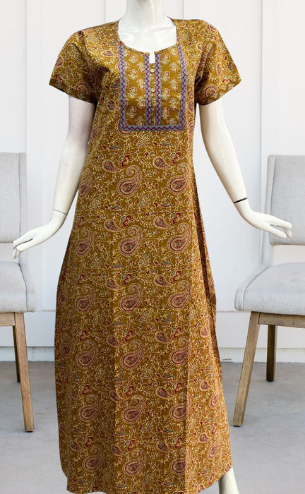 Mustard Kalamkari Pure Cotton Nighty. Pure Durable Cotton | Laces and Frills