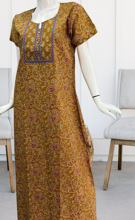 Mustard Kalamkari Pure Cotton Nighty. Pure Durable Cotton | Laces and Frills