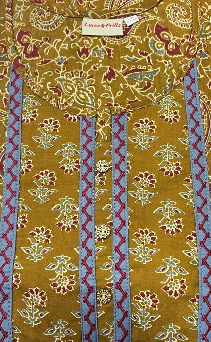 Mustard Kalamkari Pure Cotton Nighty. Pure Durable Cotton | Laces and Frills